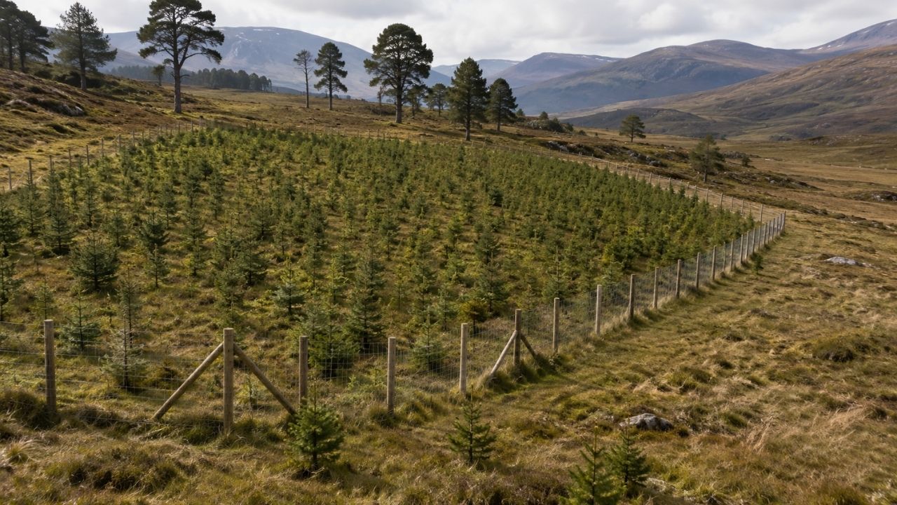 Árvores e árvores nativas em Alladale, nas Highlands da Escócia, recuperam floresta caledoniana.