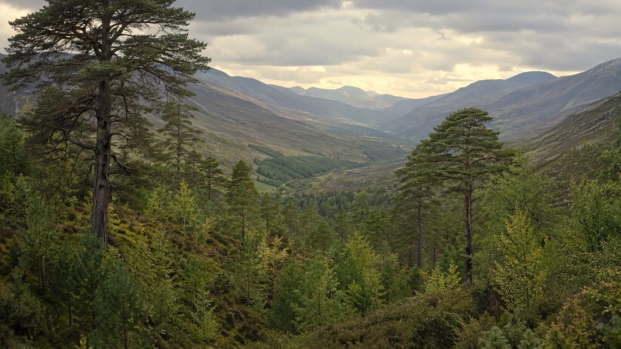 Árvores e árvores nativas em Alladale, nas Highlands da Escócia, recuperam floresta caledoniana.