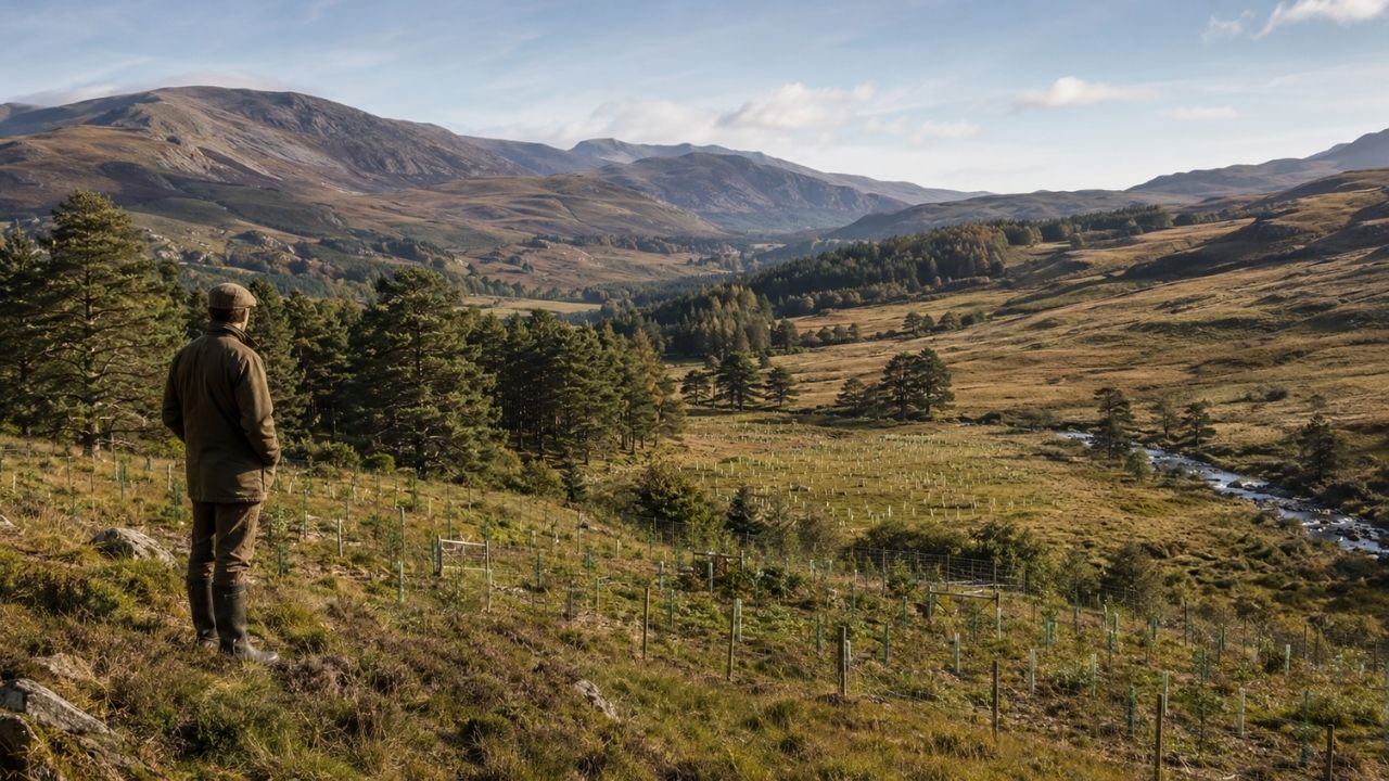 Árvores e árvores nativas em Alladale, nas Highlands da Escócia, recuperam floresta caledoniana.