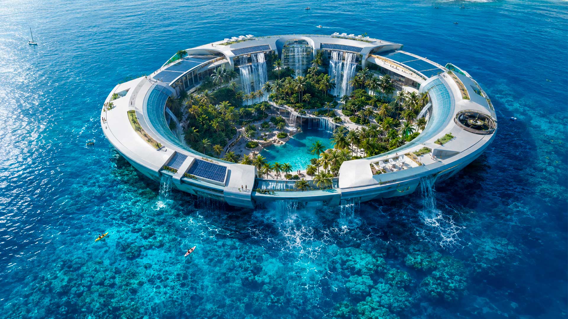 Hidrelétrica flutuante inspirada no baobá propõe gerar energia limpa em Madagascar usando cachoeiras artificiais no oceano