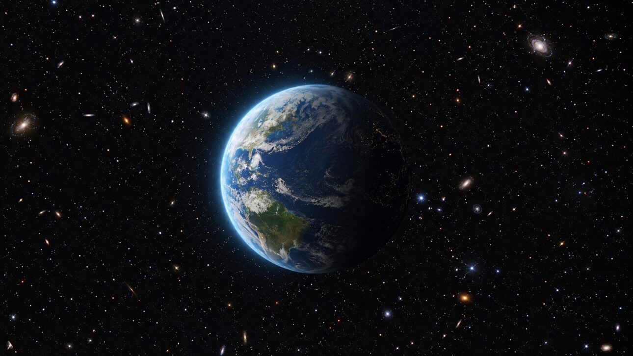 Planeta Terra iluminado no espaço profundo cercado por bilhões de estrelas e galáxias, sensação de solidão cósmica