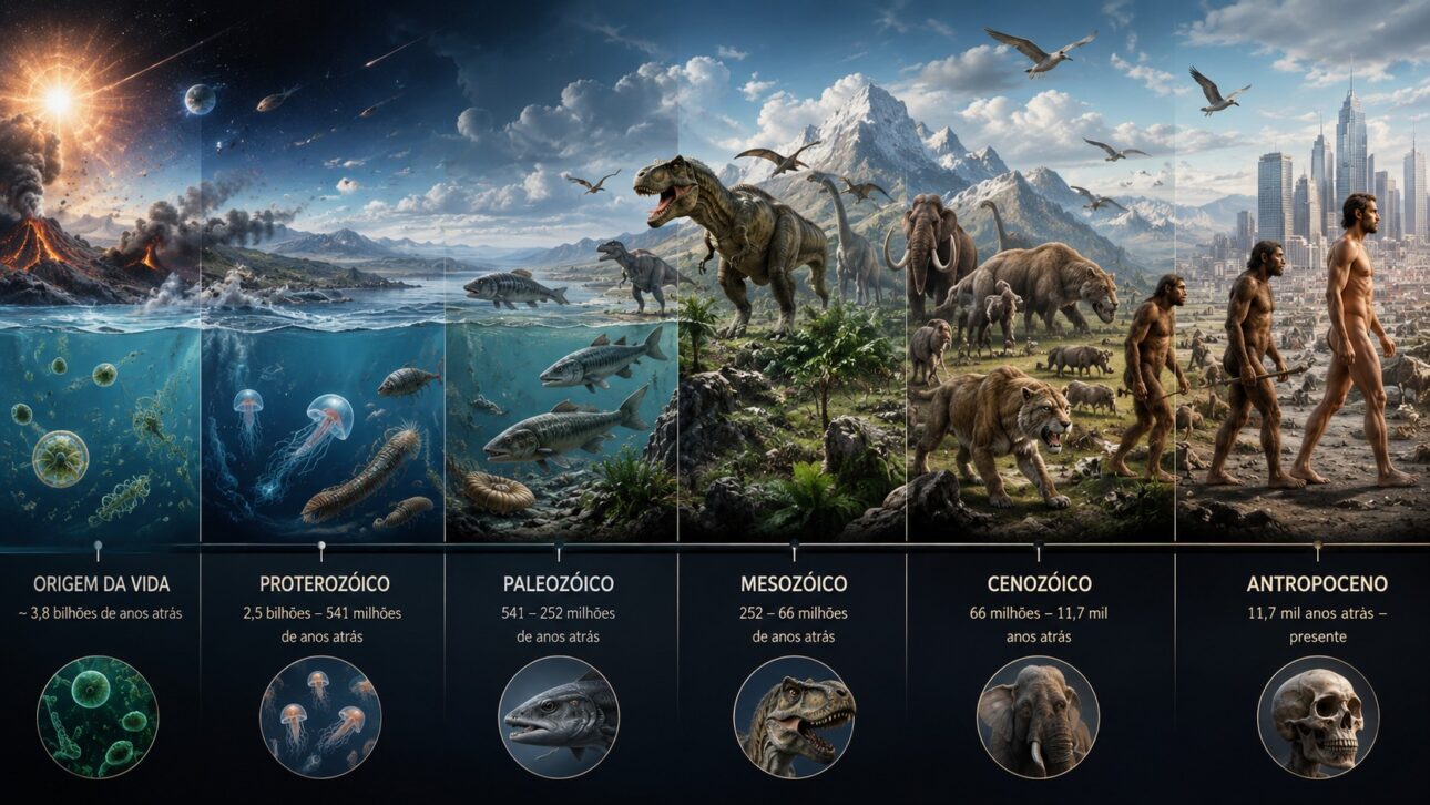 Linha do tempo evolutiva mostrando organismos unicelulares, peixes, dinossauros, mamíferos e seres humanos