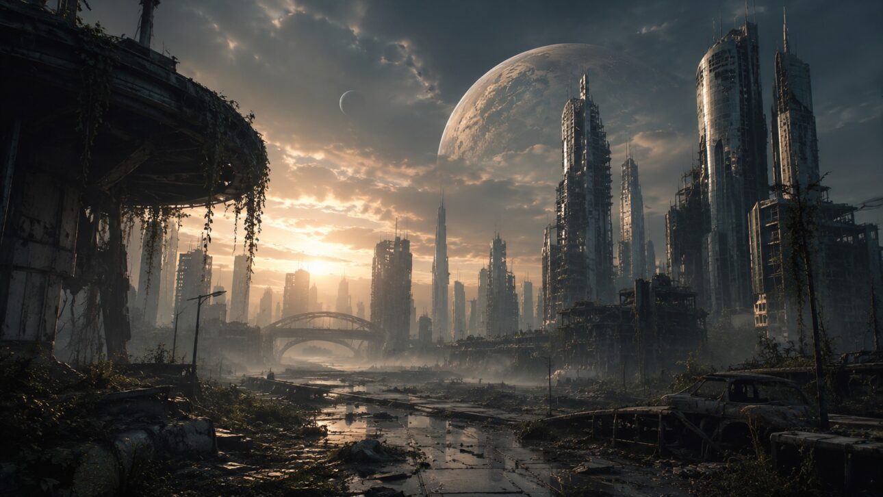 Civilização avançada desaparecendo em um planeta distante, cidade futurista abandonada sob céu alienígena, atmosfera misteriosa