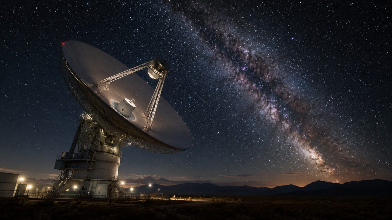 Radiotelescópio gigante observando o céu noturno repleto de estrelas, sensação de busca silenciosa por vida extraterrestre