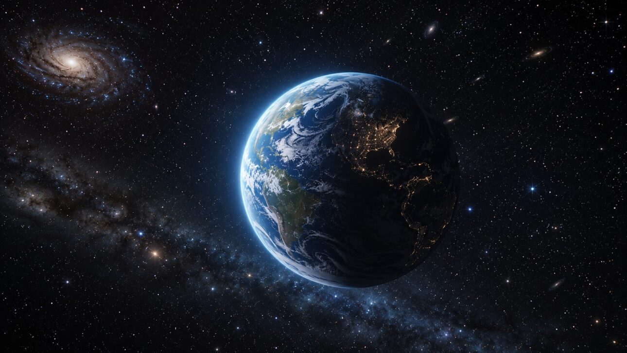 Vista da Terra brilhando sozinha no espaço profundo, galáxias ao fundo, atmosfera de raridade e preciosidade da vida inteligente. Ilustração