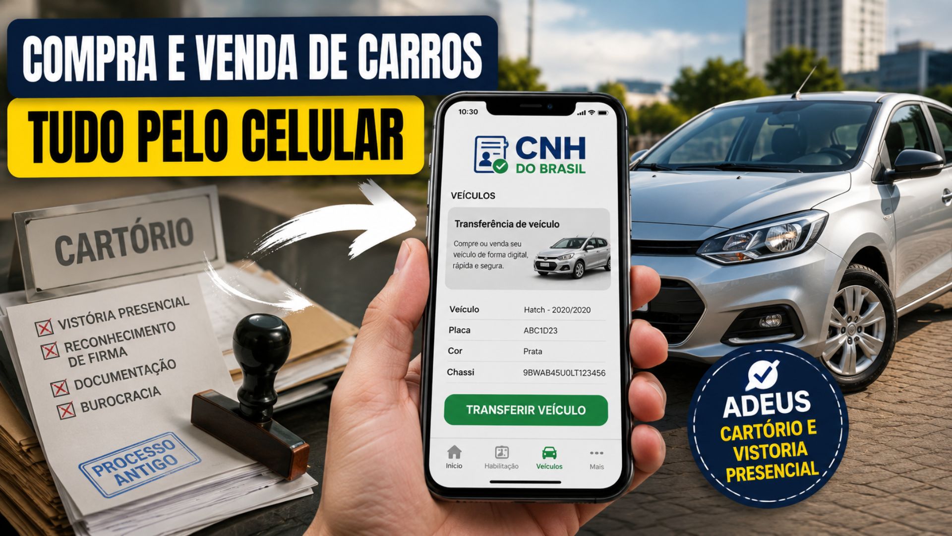 Governo quer permitir compra e venda de carros usados pelo app CNH do Brasil, sem cartório e vistoria presencial.