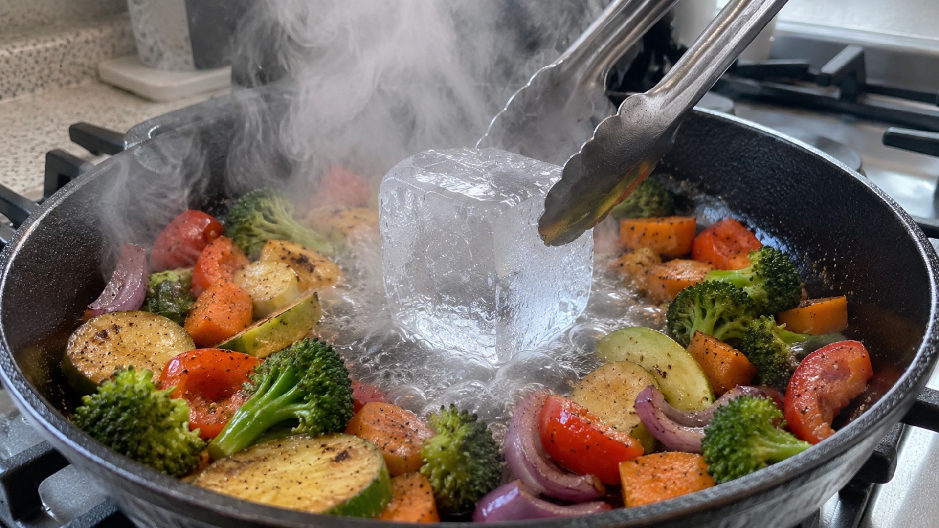 Entenda como o cubo de gelo na frigideira quente gera vapor e ajuda a grelhar legumes dourados por fora e macios por dentro.