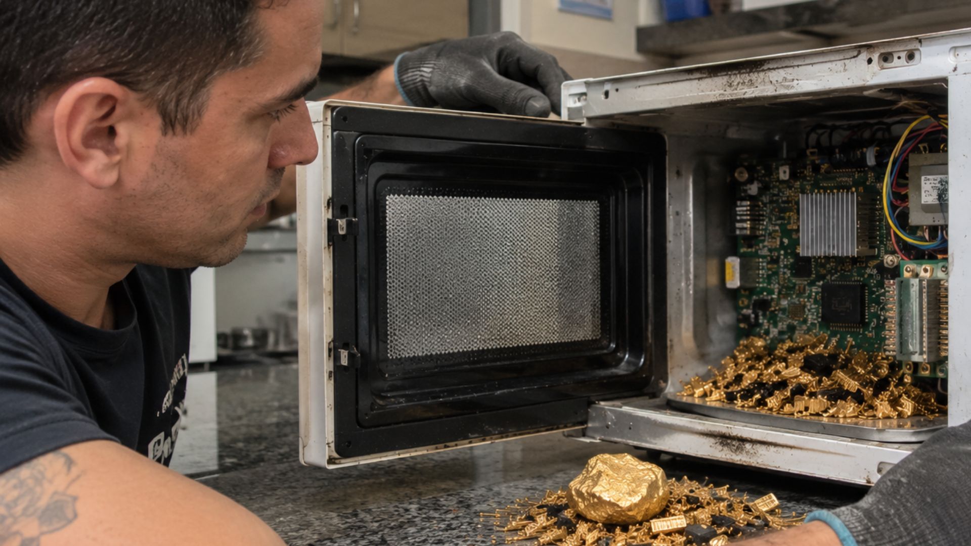 Micro-ondas descartados podem conter ouro de 22 quilates em componentes internos, como placas e conectores eletrônicos.