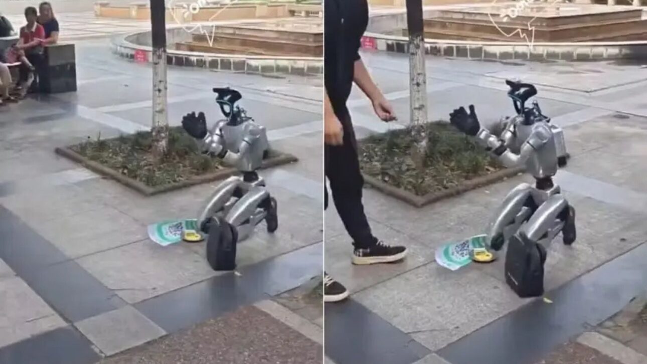 Robô humanoide ajoelhado com tigela e QR Code viraliza na China em vídeo curioso, mas cena ainda não tem confirmação oficial.