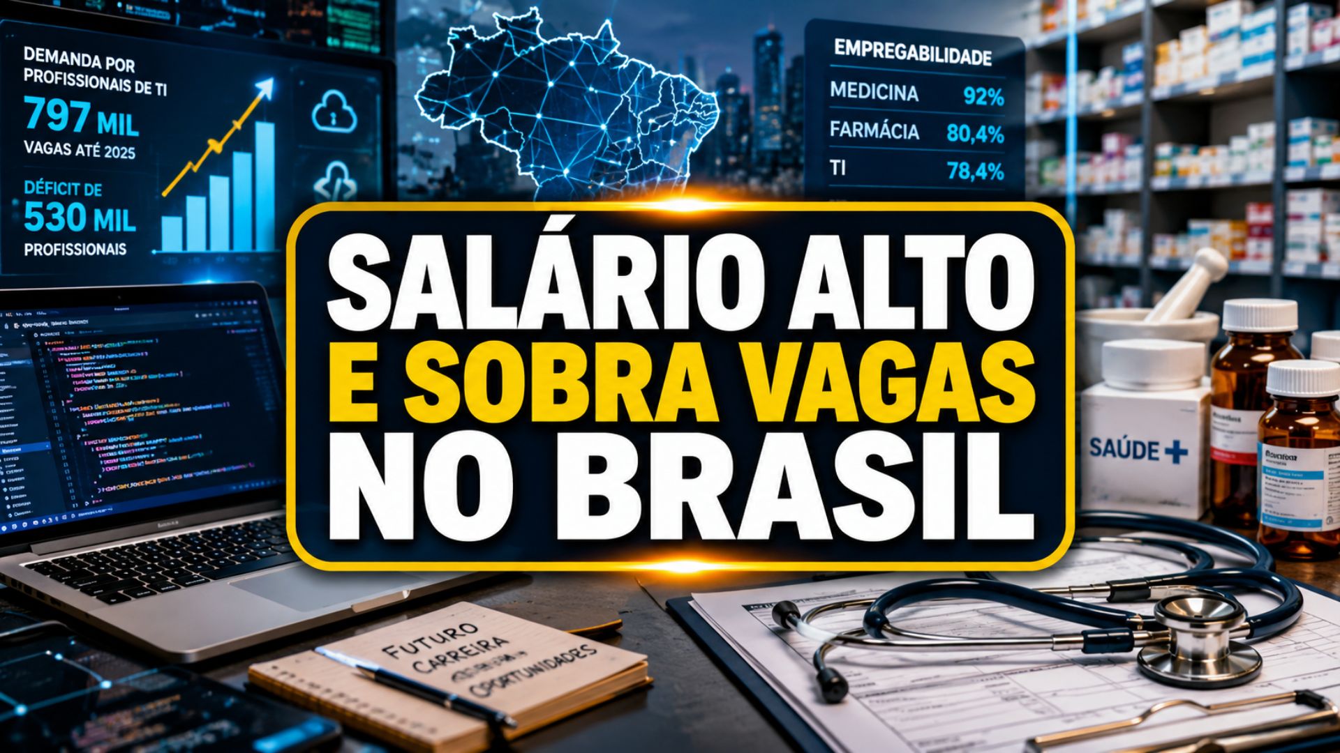 Déficit de 530 mil profissionais de TI no Brasil ajuda a explicar alta empregabilidade em tecnologia, Medicina e Farmácia.