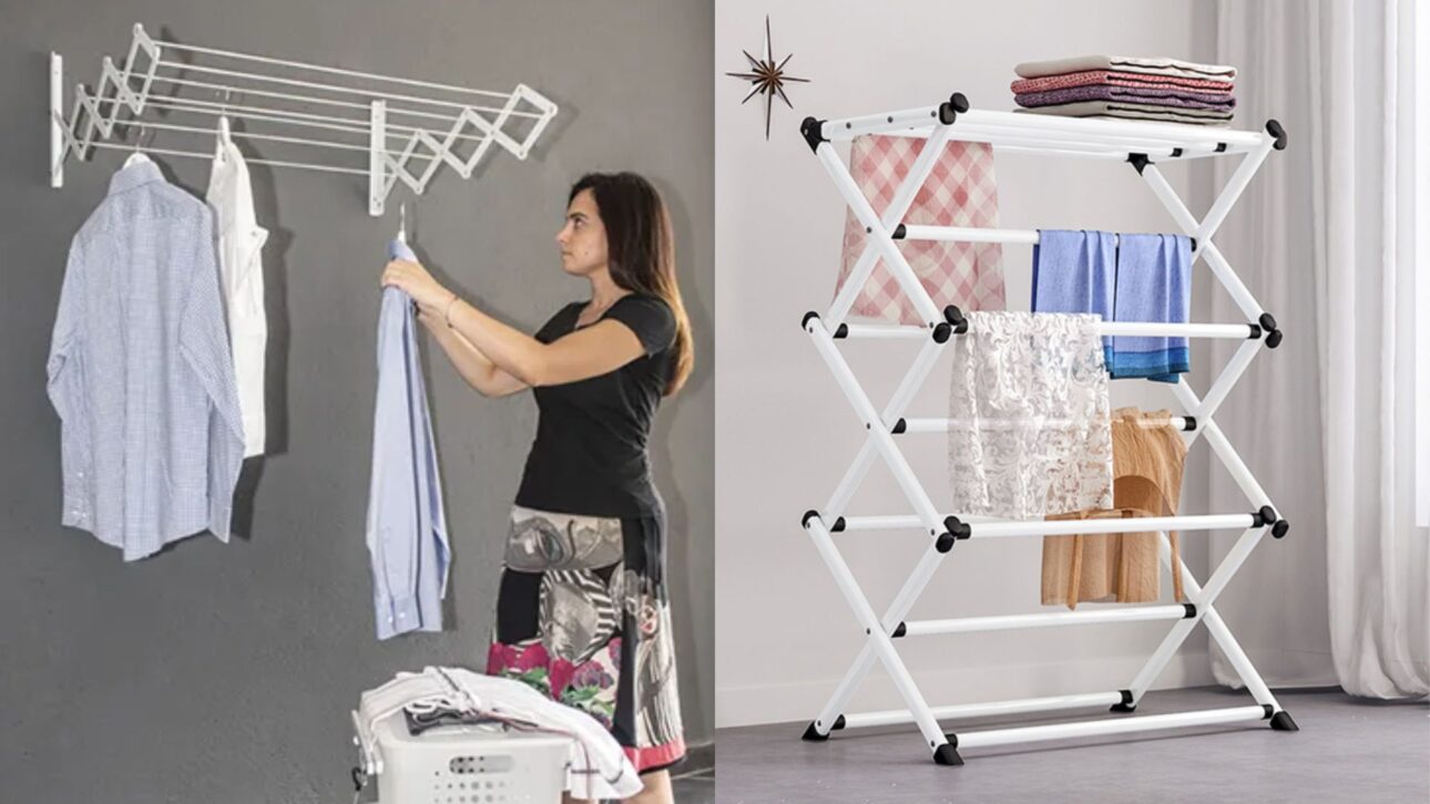 Varal retrátil e vertical ajuda a secar roupas em lavanderias pequenas, aproveitando paredes, portas e a altura dos ambientes.