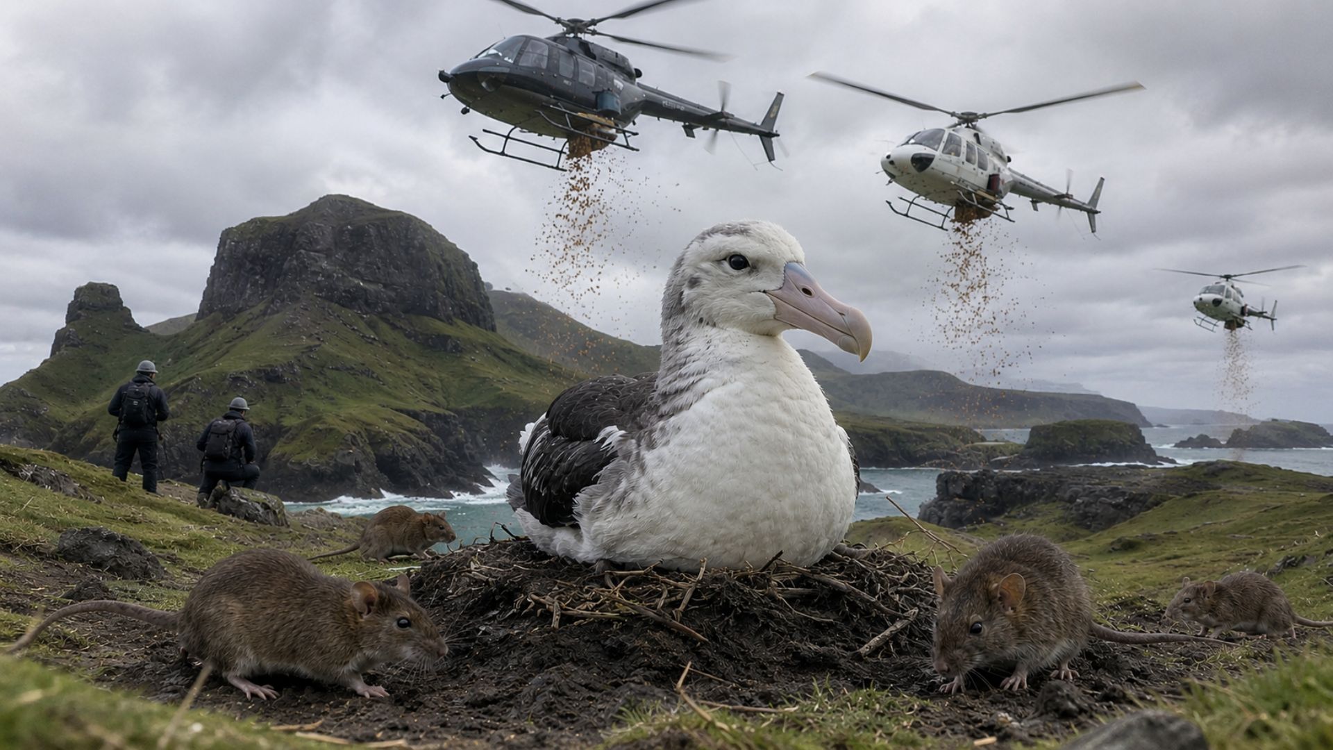 Helicópteros lançam iscas venenosas em Gough Island para eliminar camundongos que atacam albatrozes e ameaçam aves marinhas.
