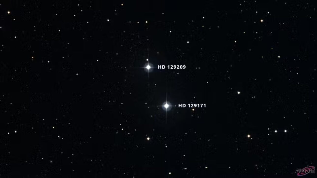 Imagem das estrelas gêmeas HD 129171 e HD 129209. — Foto: Digital Sky Survey via Aladin/Anne Rathsam
