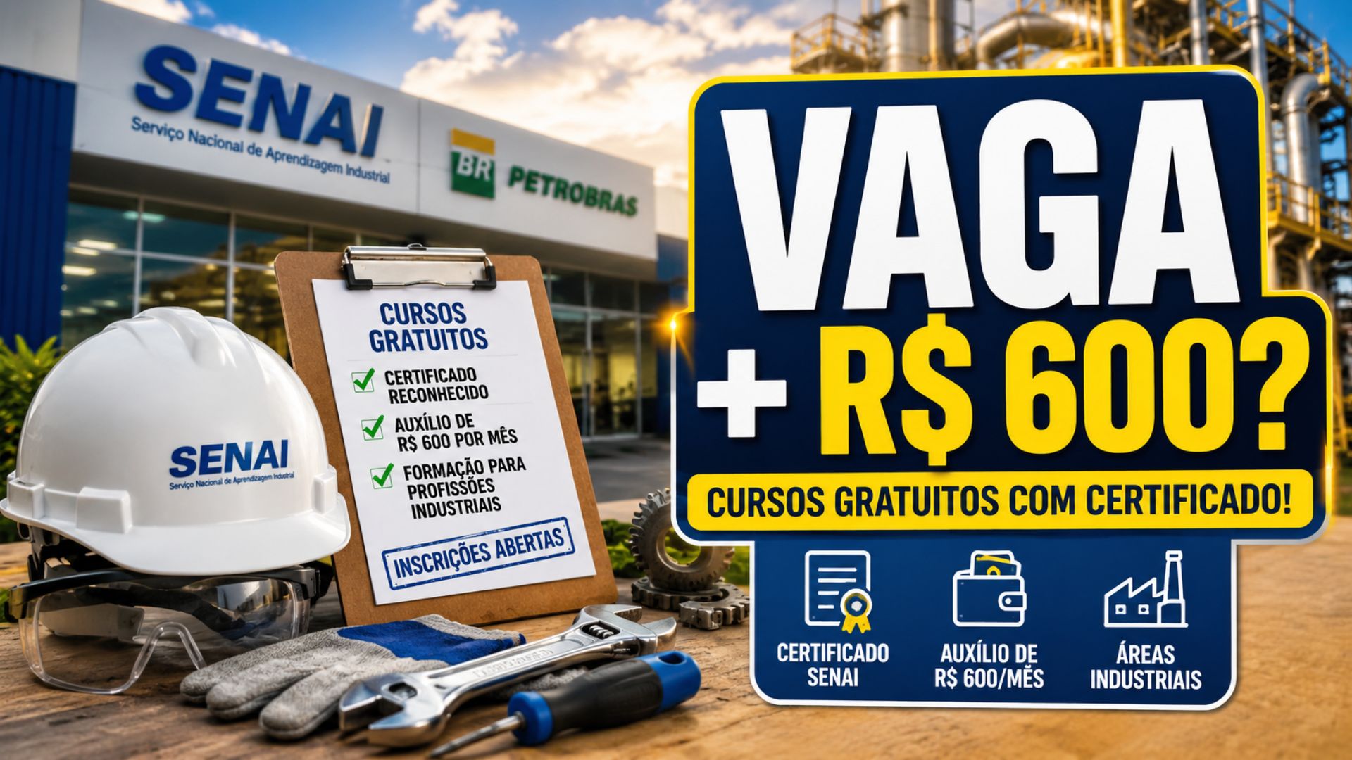 Senai e Petrobras abrem cursos gratuitos com certificado, auxílio de R$ 600 e vagas para áreas industriais em todo o país.