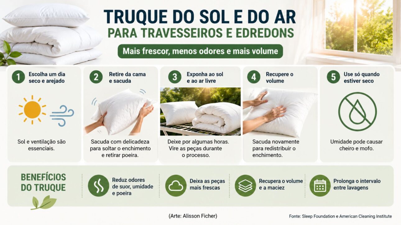 Veja como arejar travesseiros e edredons ajuda a reduzir odores, umidade e poeira, mantendo as peças mais frescas.