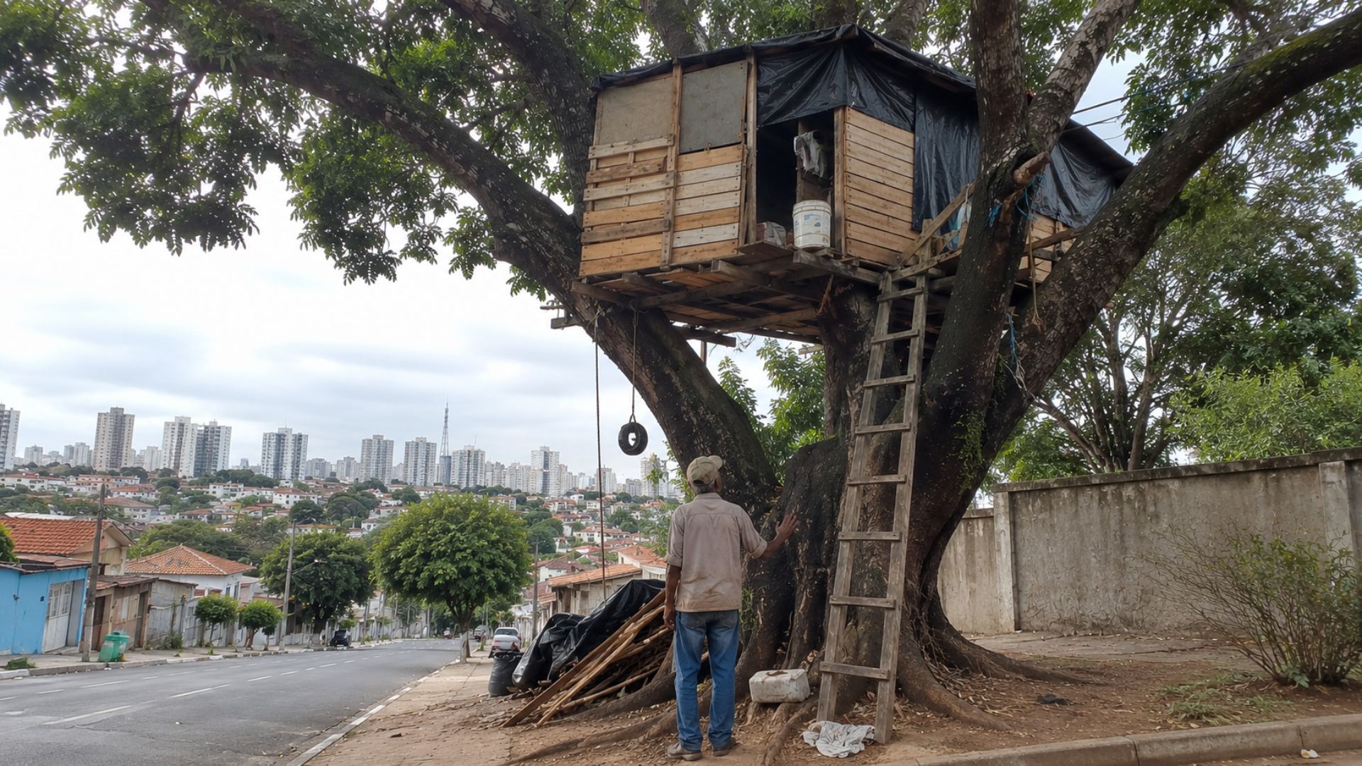 Pedreiro de 72 anos improvisou uma casa em árvore em Ribeirão Preto após ficar sem dinheiro para pagar aluguel e sem moradia formal.