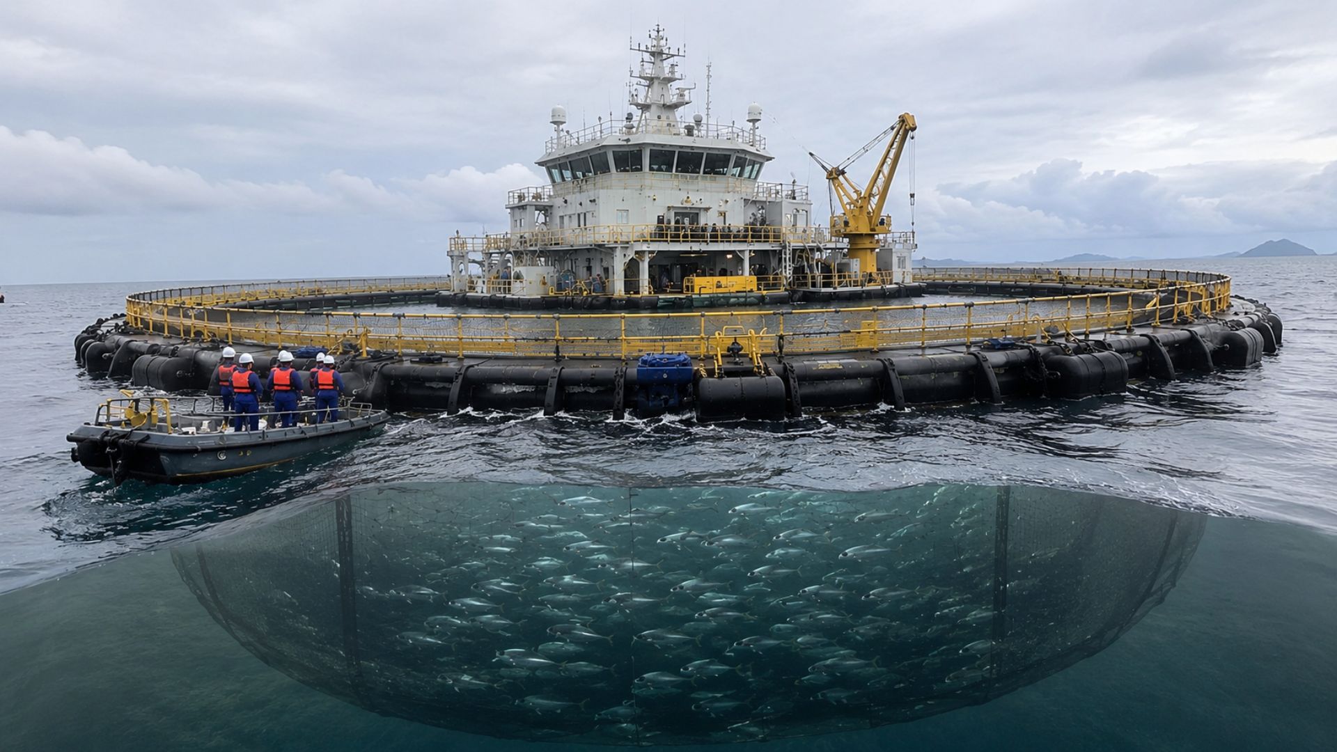 China testa fazenda de peixes no oceano com 190 toneladas de filhotes e primeira colheita em mar aberto concluída em 2026.