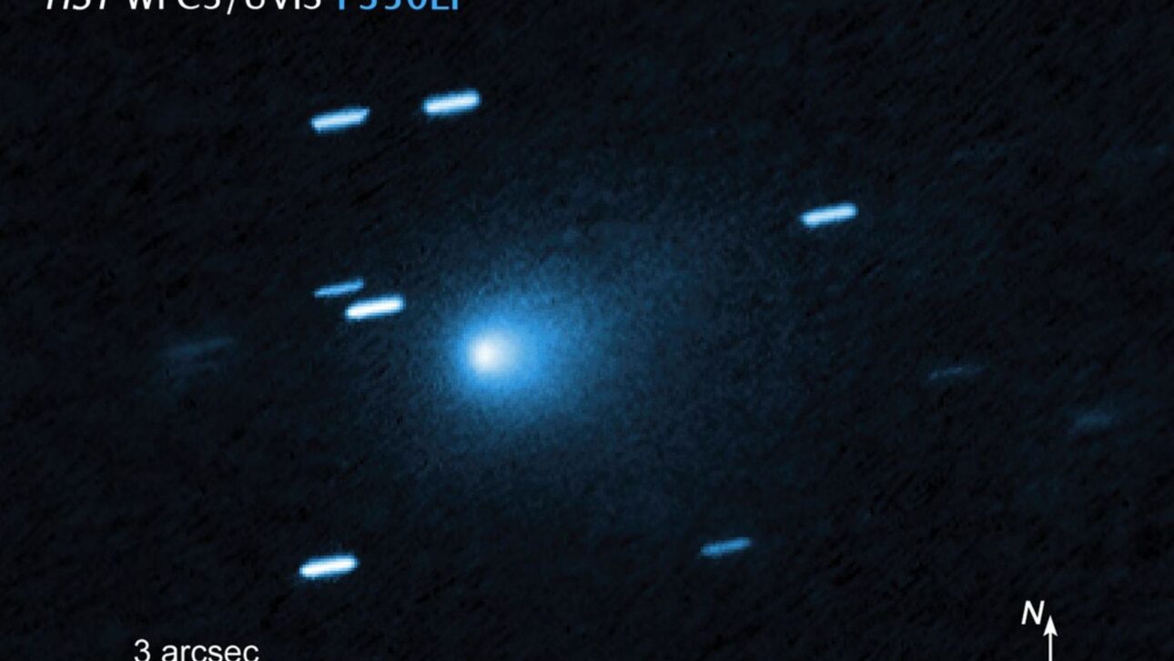Cometa interestelar 3I/ATLAS aparece em imagem do Hubble com coma azulada e estrelas riscadas ao fundo. (Imagem: NASA/ESA/David Jewitt/UCLA/Joseph DePasquale/STScI)