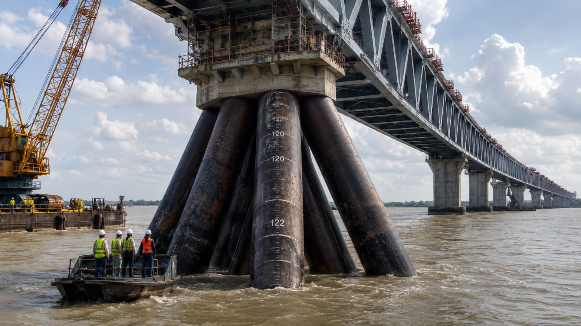 Ponte Padma, em Bangladesh, usa estacas de aço cravadas a 122 metros no rio para sustentar travessia rodoviária e ferroviária.