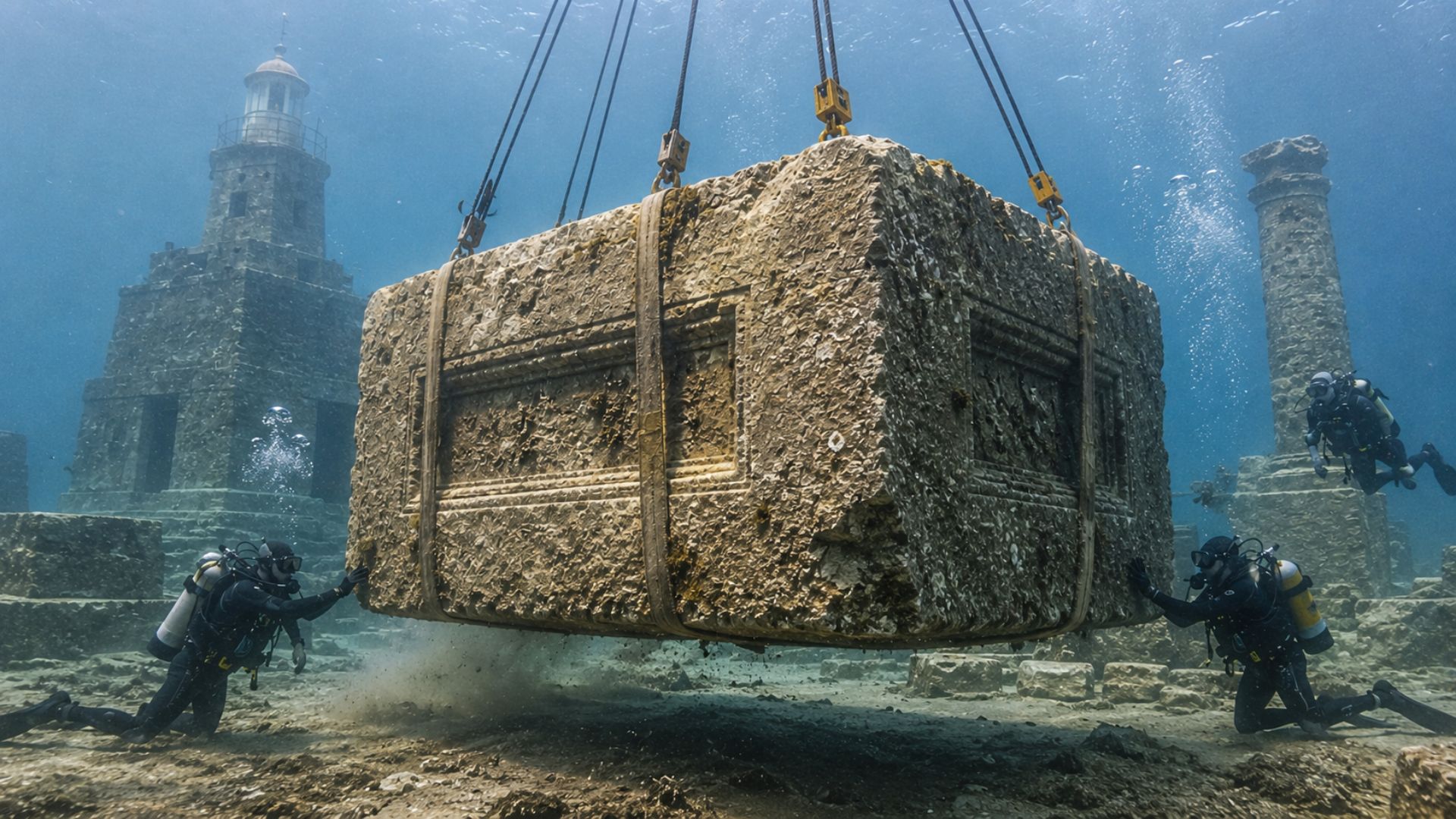 Arqueólogos recuperam blocos monumentais do Farol de Alexandria e avançam em reconstrução digital de ruínas submersas no Egito.