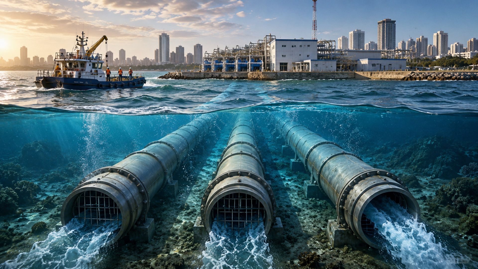 Índia planeja túneis subaquáticos no Mar Arábico para captar água do oceano e abastecer usina de dessalinização em Mumbai.