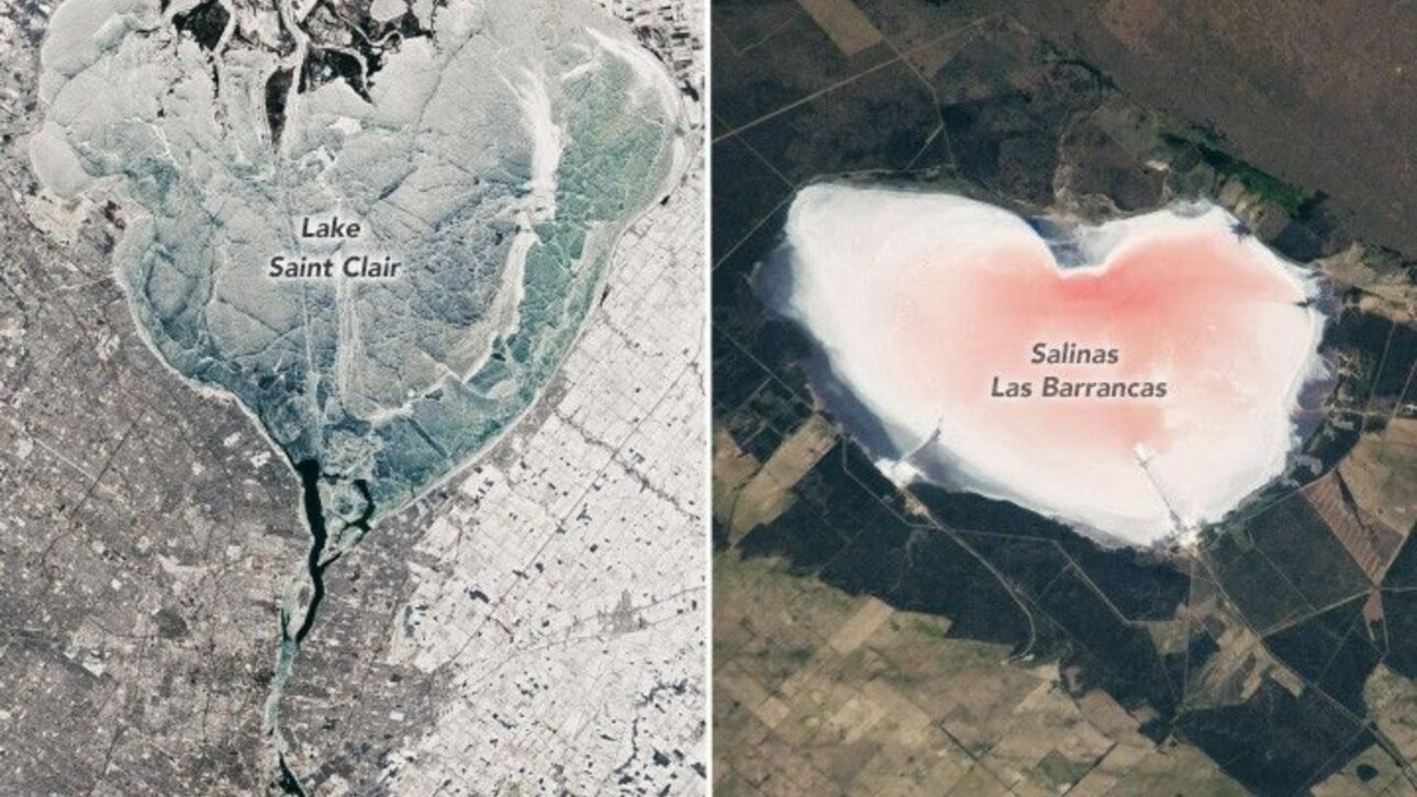 NASA registra lagoa rosa em formato de coração na Argentina, formada por salinidade extrema e vista da Estação Espacial Internacional. (Imagem: Nasa)