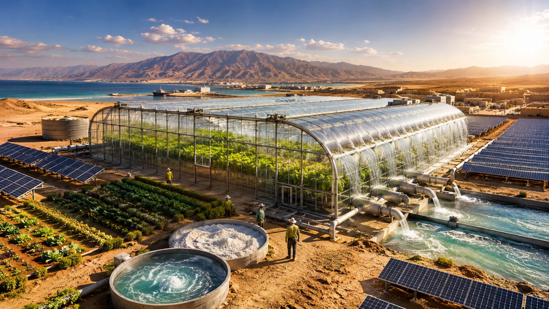 Fazenda no deserto da Jordânia usa água do Mar Vermelho, energia solar e estufas resfriadas por sal para produzir vegetais.