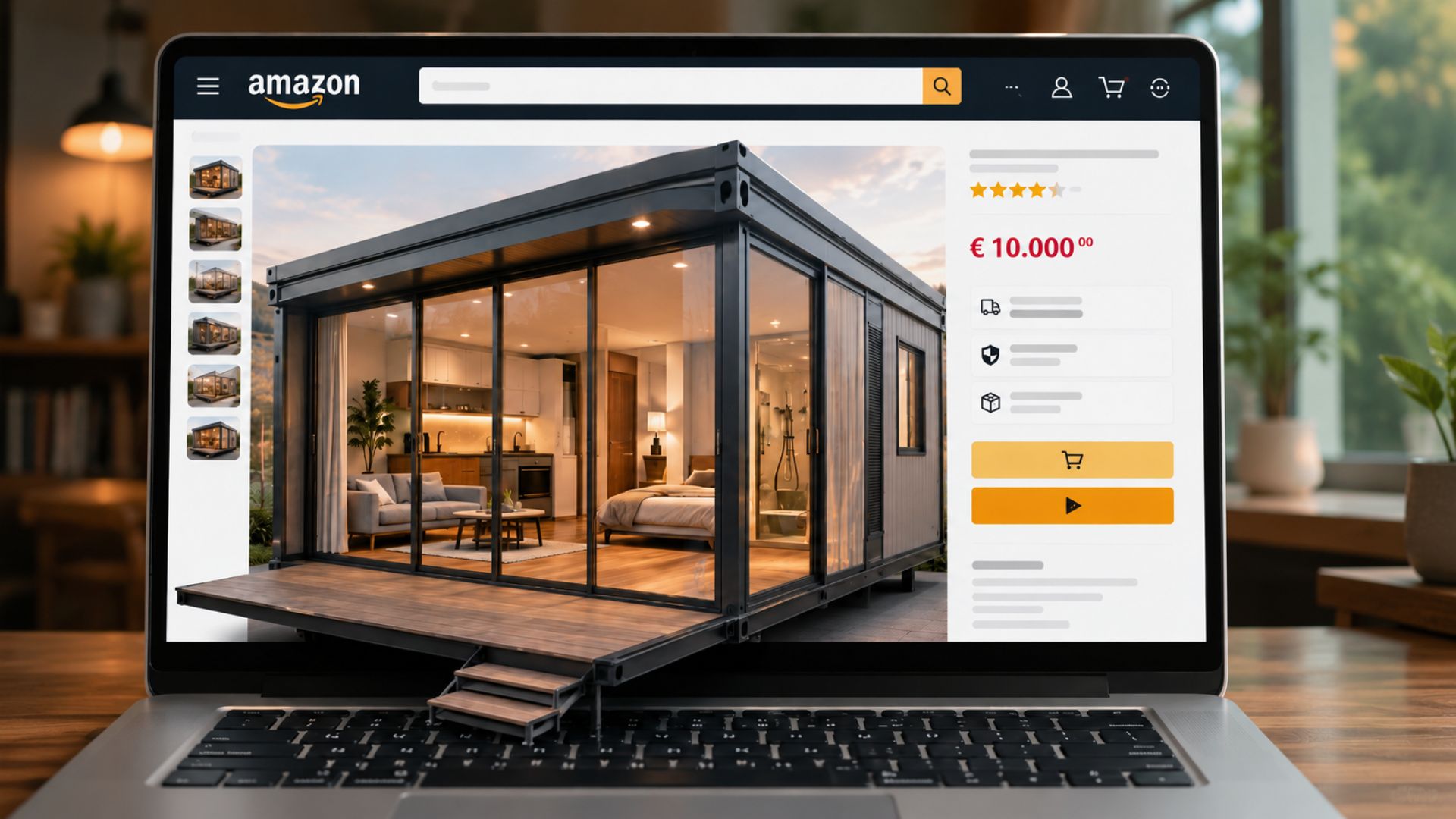 Casa pré-fabricada vendida na Amazon Espanha custa cerca de R$ 60 mil, vem mobiliada e promete montagem rápida com até 4 quartos.