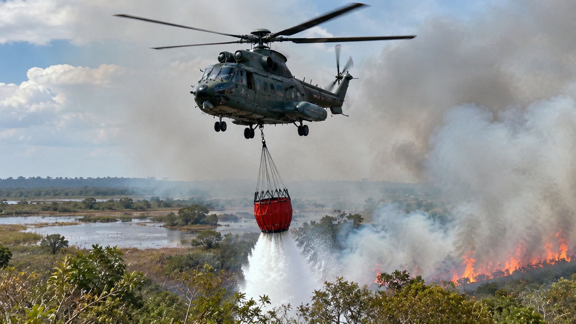 Helicópteros com Bambi Bucket lançam água sobre focos de incêndio no Pantanal e apoiam brigadistas em áreas isoladas.