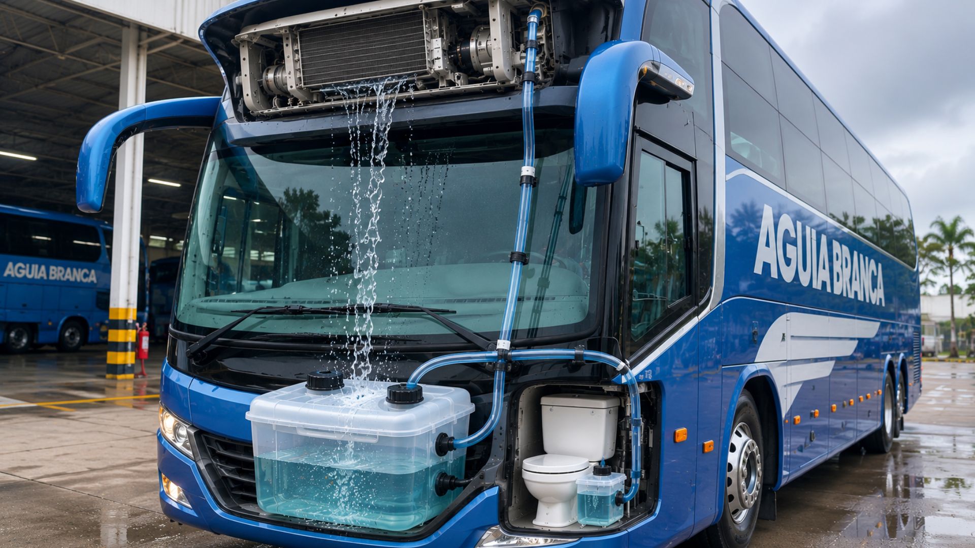 Água do ar-condicionado de ônibus é reaproveitada pela Águia Branca em para-brisas e sanitários, gerando economia de milhões de litros por ano.