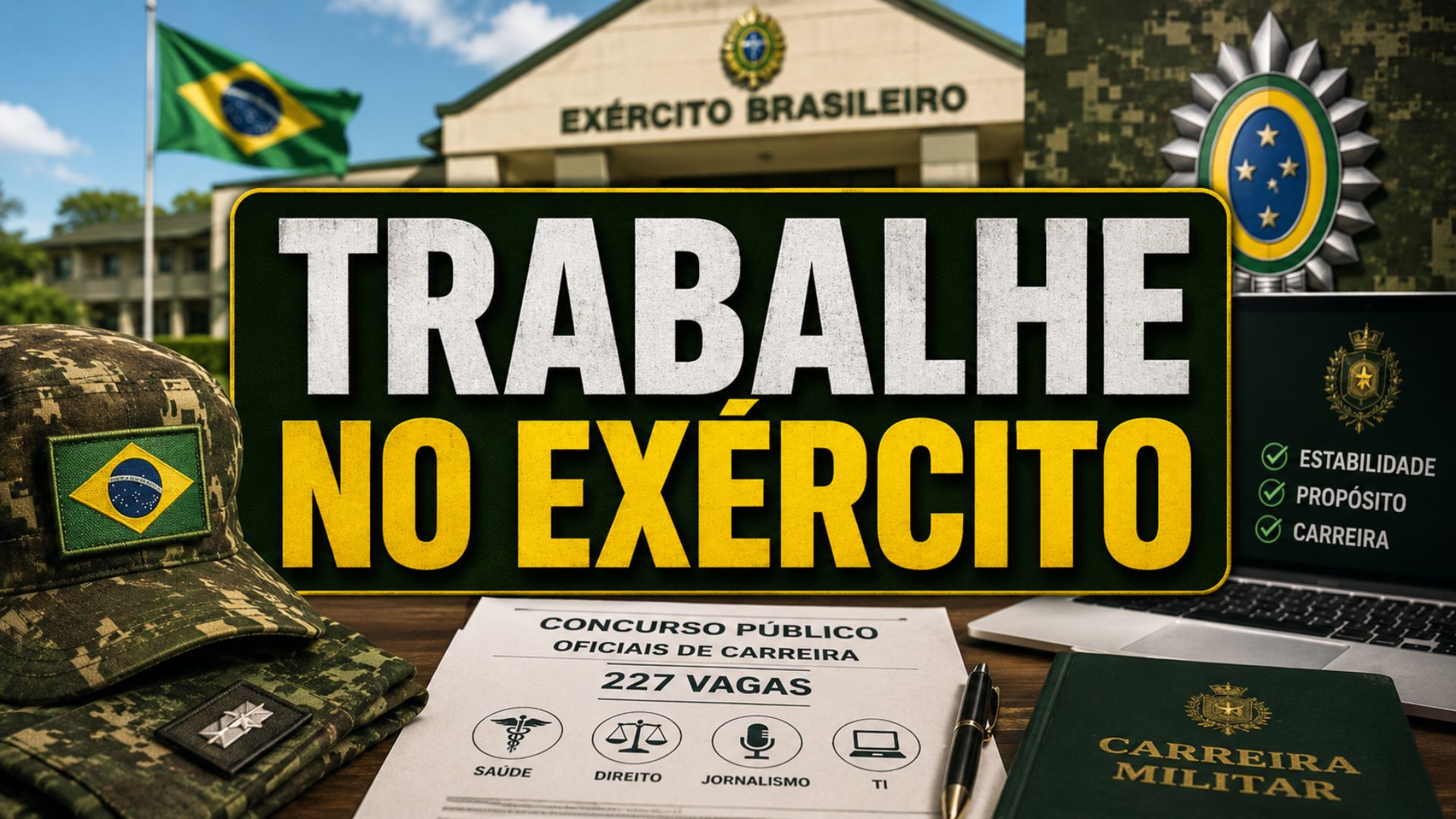 Exército Brasileiro abre 227 vagas para oficiais de carreira em Saúde, Direito, Jornalismo e TI, com inscrições até 12 de junho.