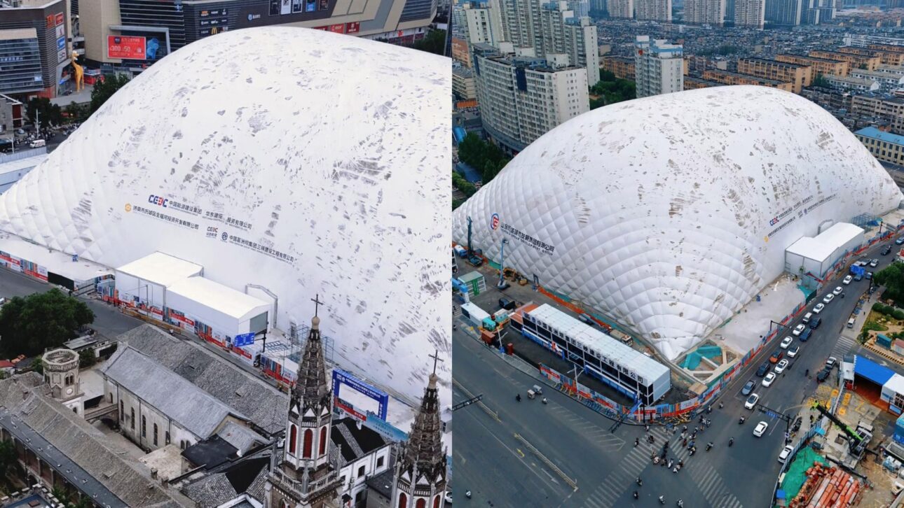 China usa bolhas infláveis em canteiros de obras para reduzir poeira e ruído em até 90%, com estruturas de até 50 metros e sensores de monitoramento.