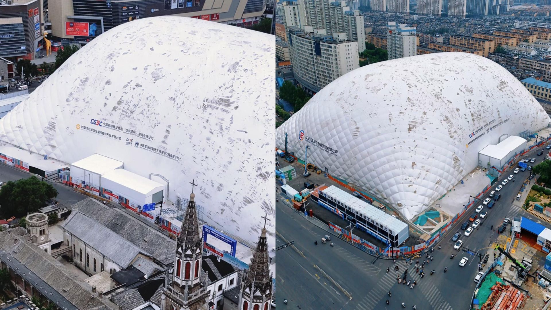China usa bolhas infláveis em canteiros de obras para reduzir poeira e ruído em até 90%, com estruturas de até 50 metros e sensores de monitoramento.