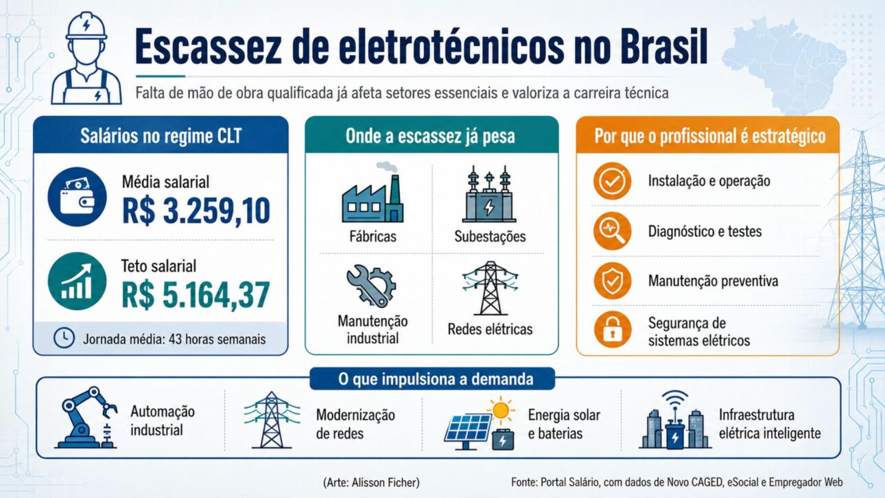 Falta de eletrotécnicos qualificados pressiona fábricas, subestações e redes elétricas, com salários de até R$ 5,1 mil na CLT.