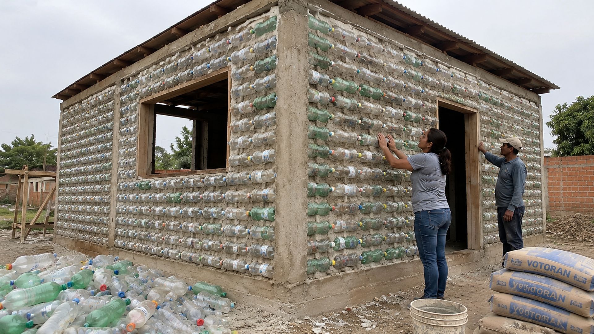 Mulher constrói casa com garrafas PET no Tocantins, reduz custo da obra e transforma plástico reciclado em paredes de moradia.