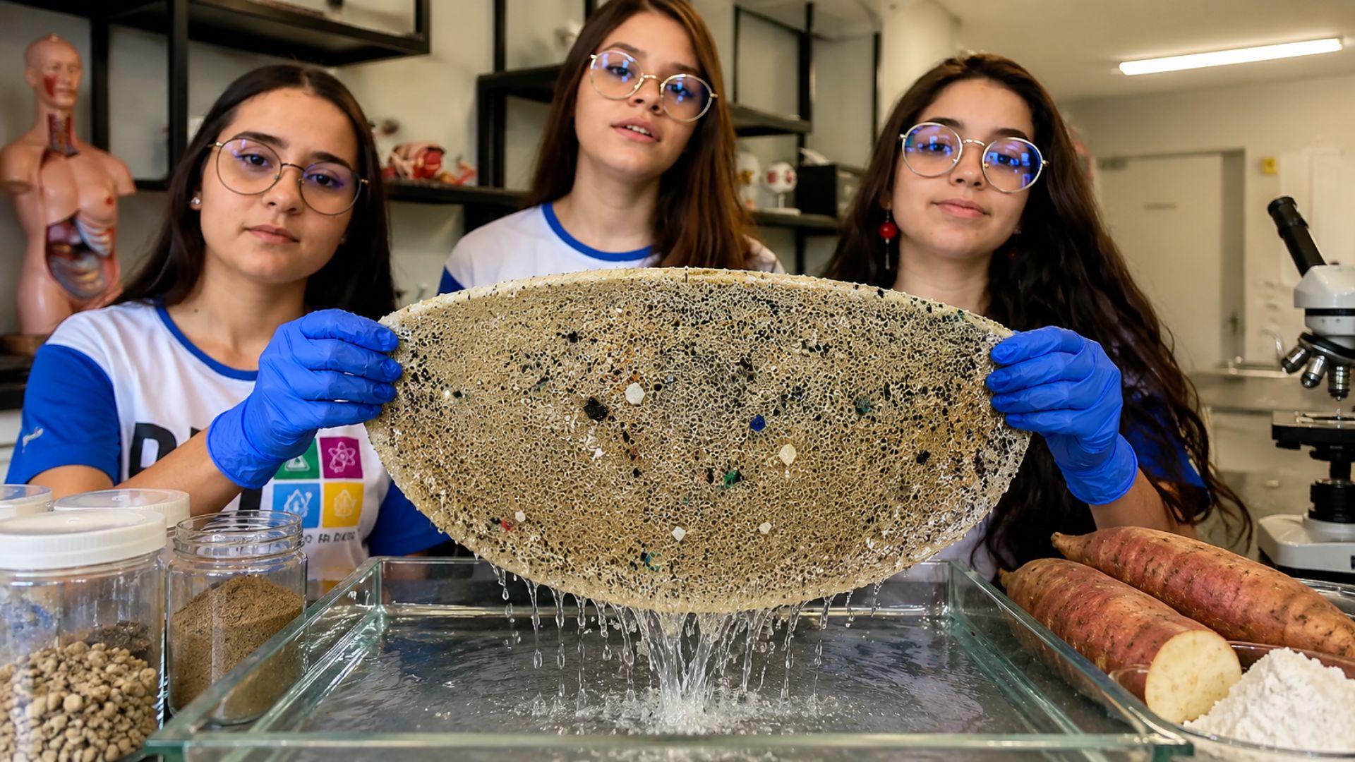 Estudantes da Paraíba criam membrana com argila e amido da batata-doce para reter microplásticos na água.