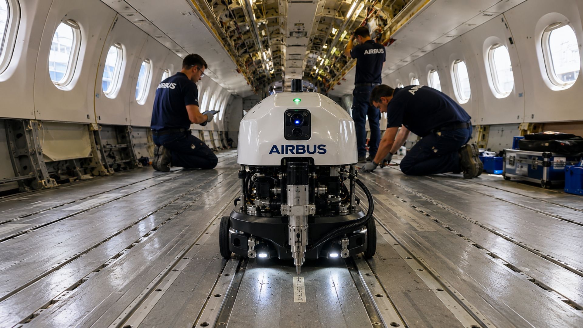 Airbus estreia o robô CabinMarker, de 4 kg, para acelerar a instalação de assentos no A321XLR com precisão milimétrica.