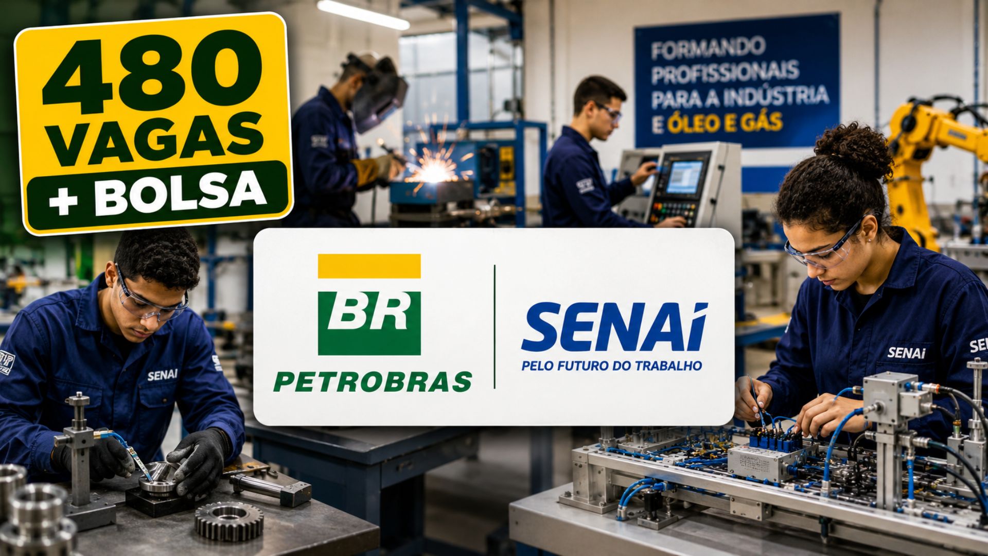 Petrobras e SENAI oferecem 480 vagas em cursos técnicos gratuitos com bolsa de até R$ 858 e auxílio-alimentação.