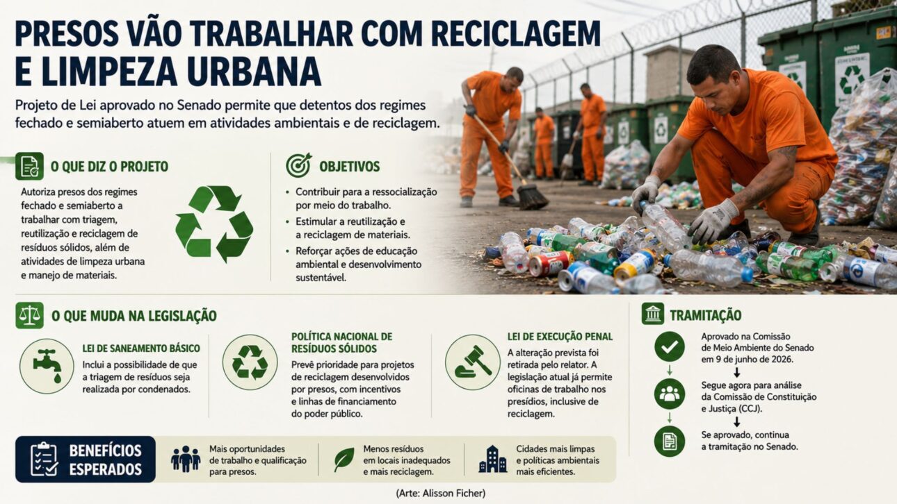 Projeto autoriza presos a atuar com reciclagem e limpeza urbana, mas ainda precisa passar por nova análise no Senado antes de virar lei.