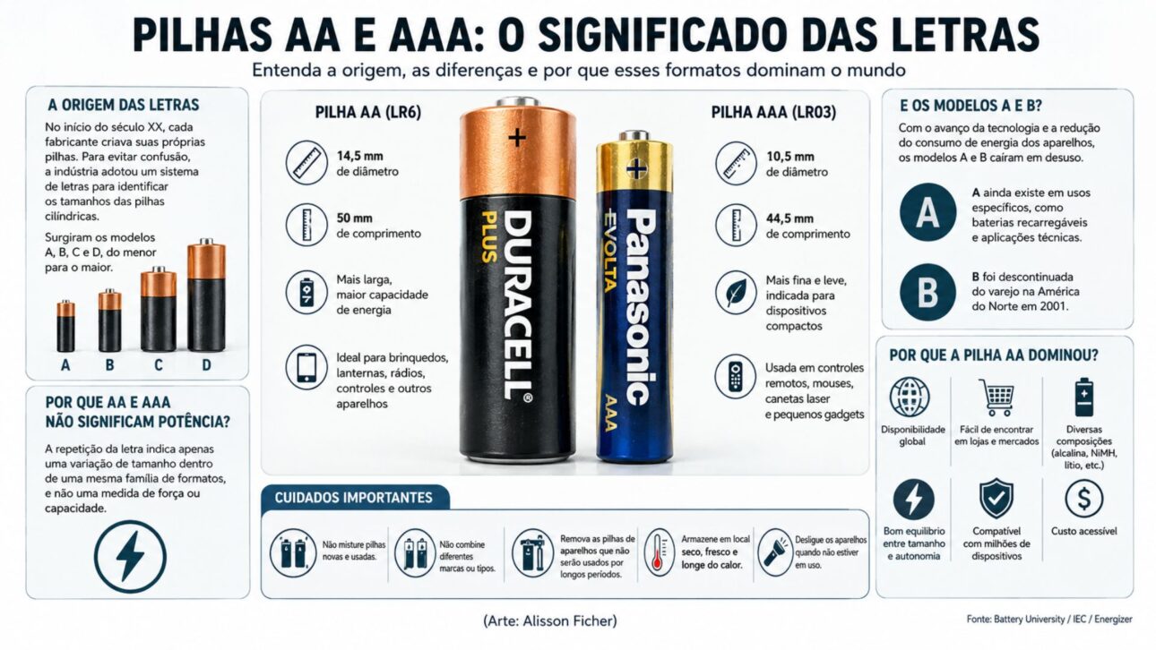 Entenda o significado das letras AA e AAA nas pilhas e como esse padrão ajudou a popularizar baterias cilíndricas no mundo.