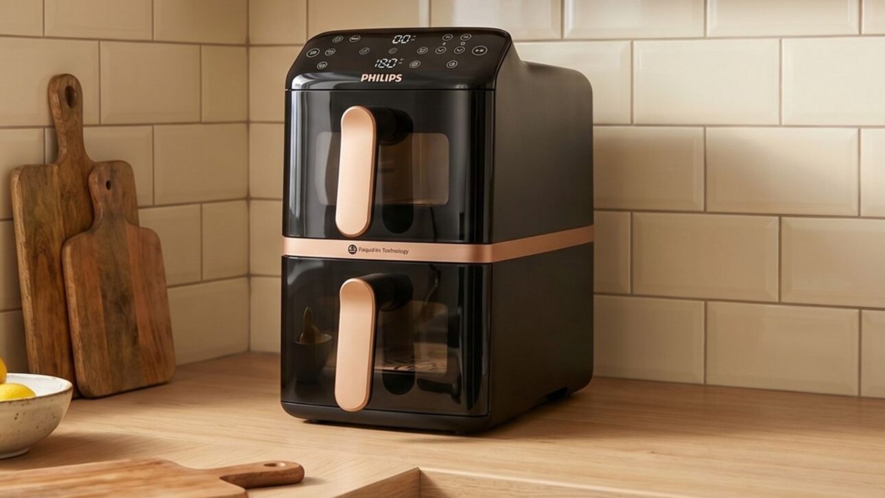 Nova Air Fryer Philips Série 4000 tem 24 cm de largura, cesto duplo vertical e sincronização para dois pratos.