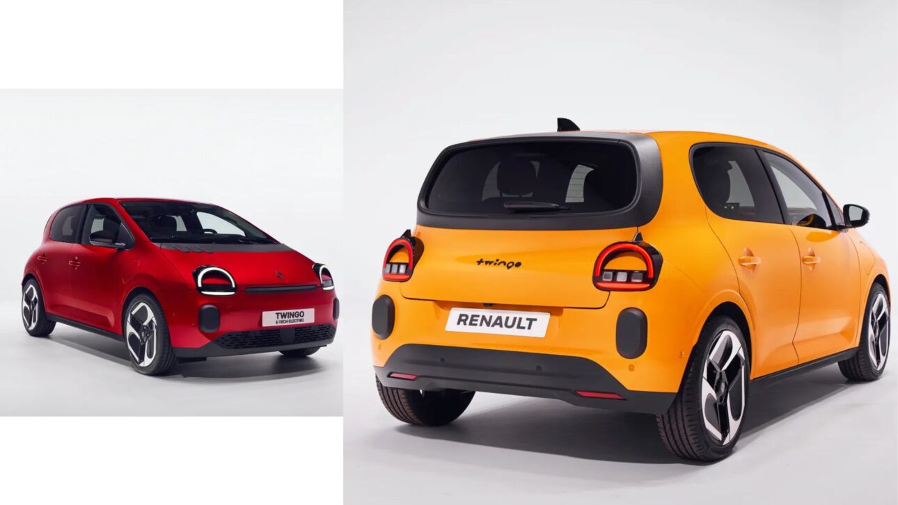 Renault Twingo E-Tech elétrico em destaque, modelo ligado ao motor elétrico com peças da China usado no projeto francês. (Imagem: Renault Group)
