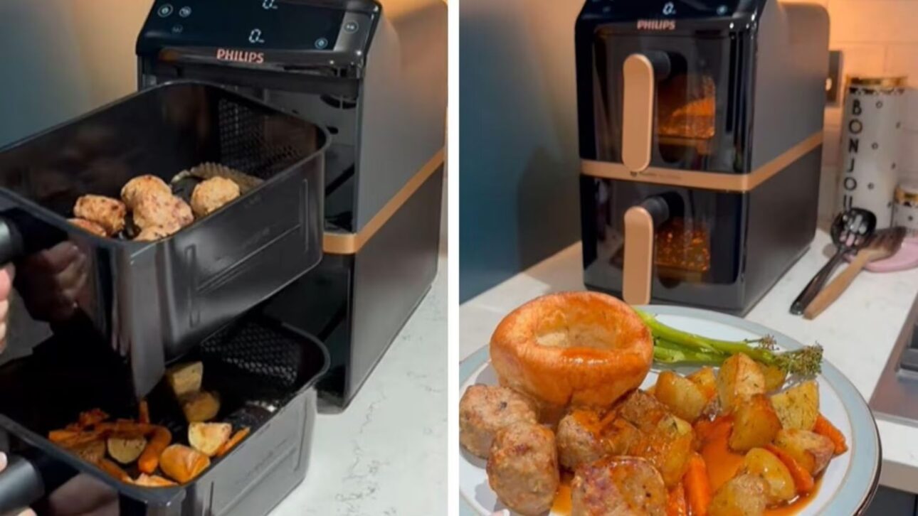 Nova Air Fryer Philips Série 4000 tem 24 cm de largura, cesto duplo vertical e sincronização para dois pratos.