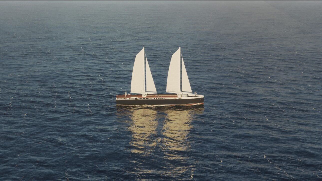 Cargueiro francês Neoliner Origin usa velas rígidas e motor híbrido para reduzir emissões no transporte marítimo transatlântico.