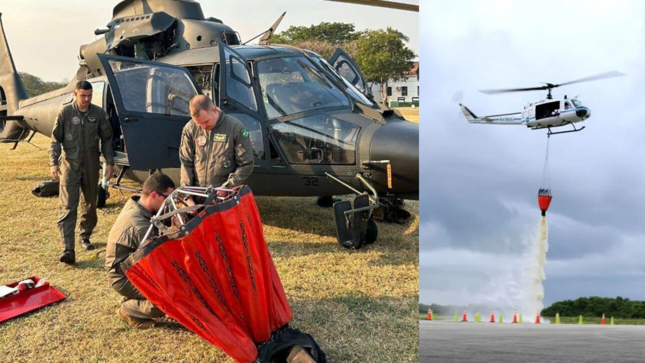 Helicópteros com Bambi Bucket lançam água sobre focos de incêndio no Pantanal e apoiam brigadistas em áreas isoladas.
