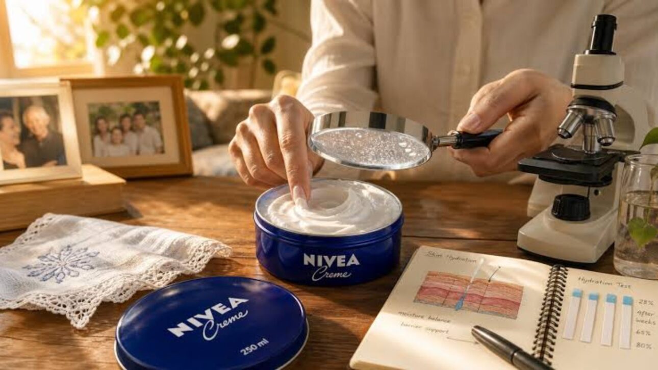 Creme Nivea da lata azul hidrata, mas não substitui protetor solar nem trata queimadura causada por raios UVA e UVB.