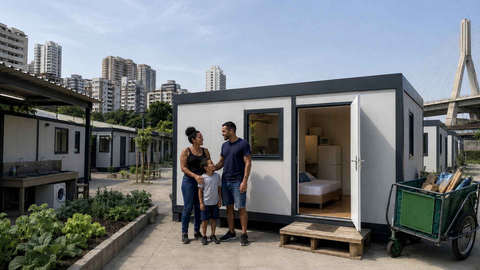 Vila Reencontro tem casas modulares em São Paulo para acolher famílias em situação de rua com estrutura e atendimento social.