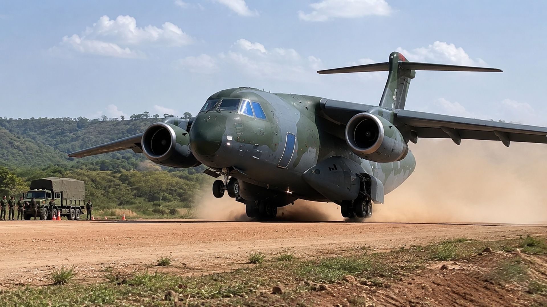 KC-390 Millennium da Embraer combina velocidade, carga de 26 toneladas e operação em pistas difíceis no transporte militar global.
