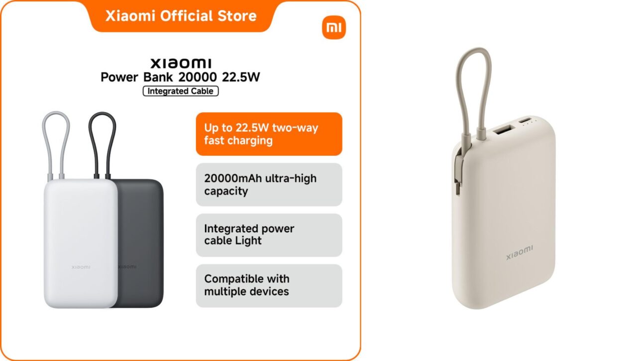 Xiaomi lanza power bank de 20.000 mAh con cable USB-C integrado, 22,5W, tres salidas y precio de 149 yuanes en China.
