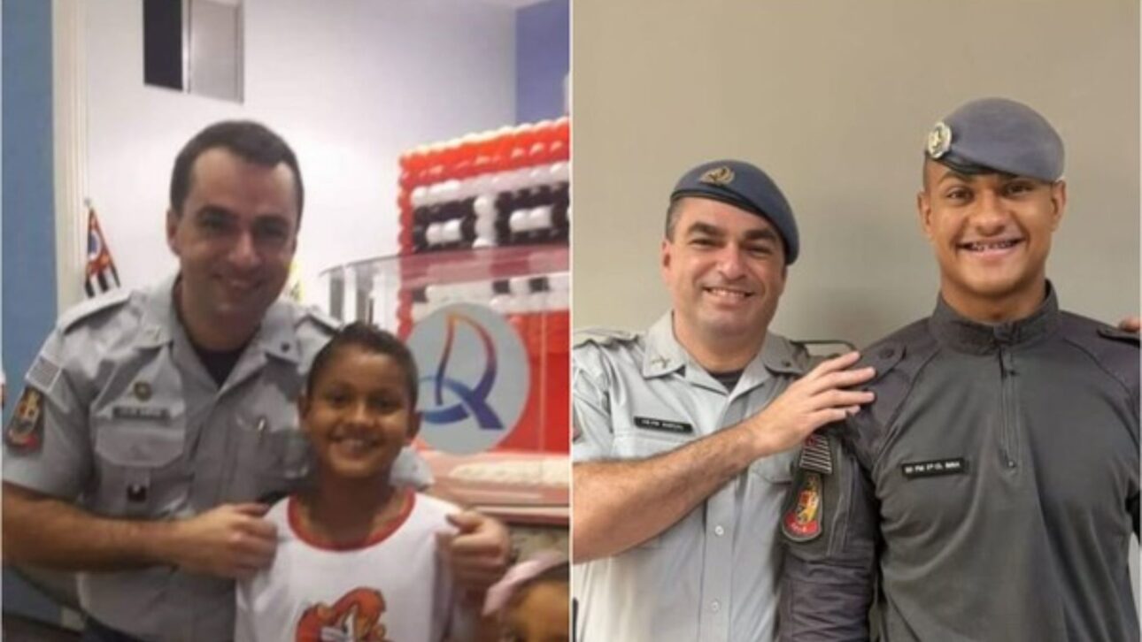 Ex-aluno do Proerd reencontra antigo instrutor ao iniciar carreira como soldado da PM em Presidente Prudente, no interior paulista.